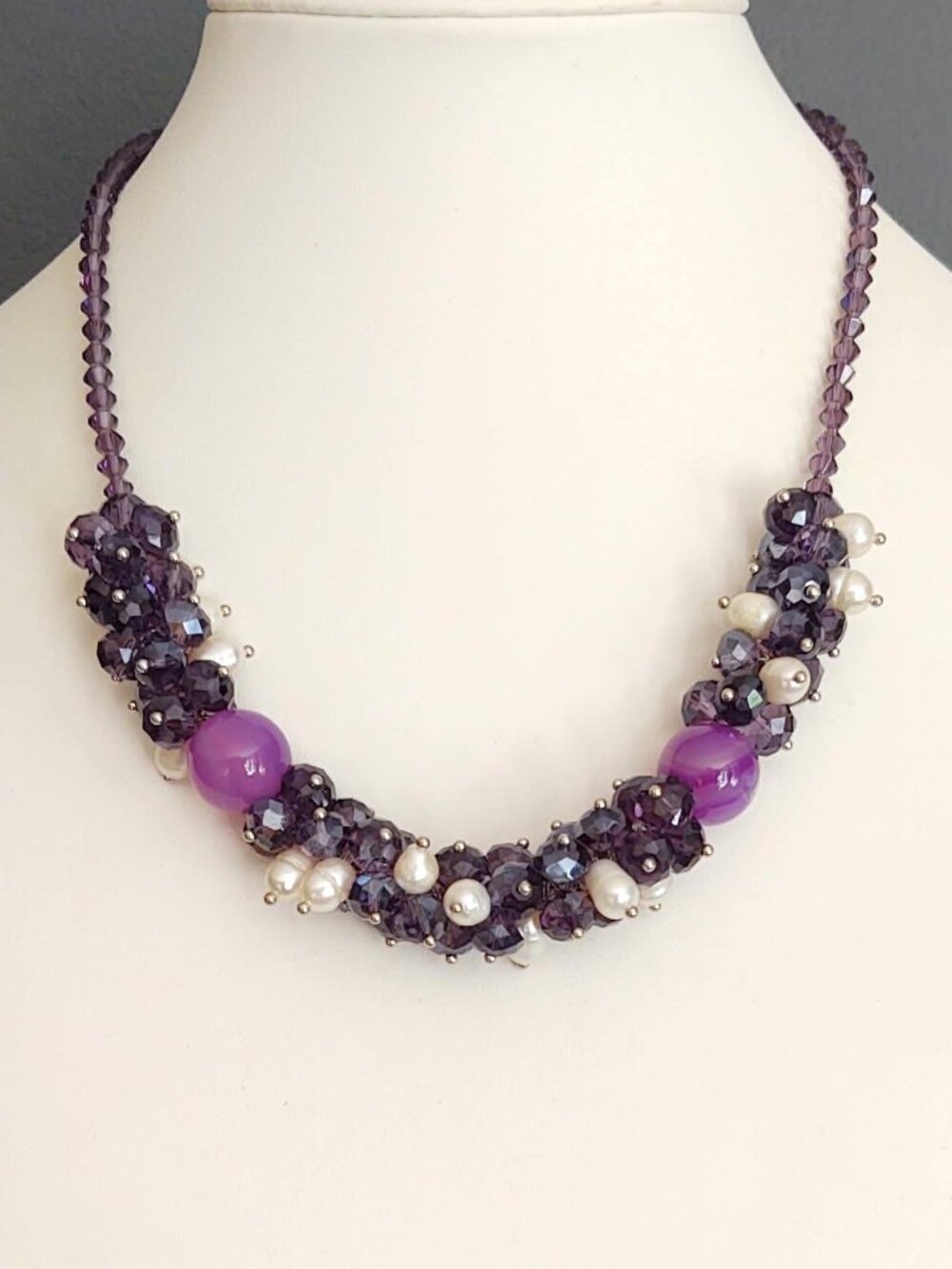 Purple crystal, glass and pearl necklace
